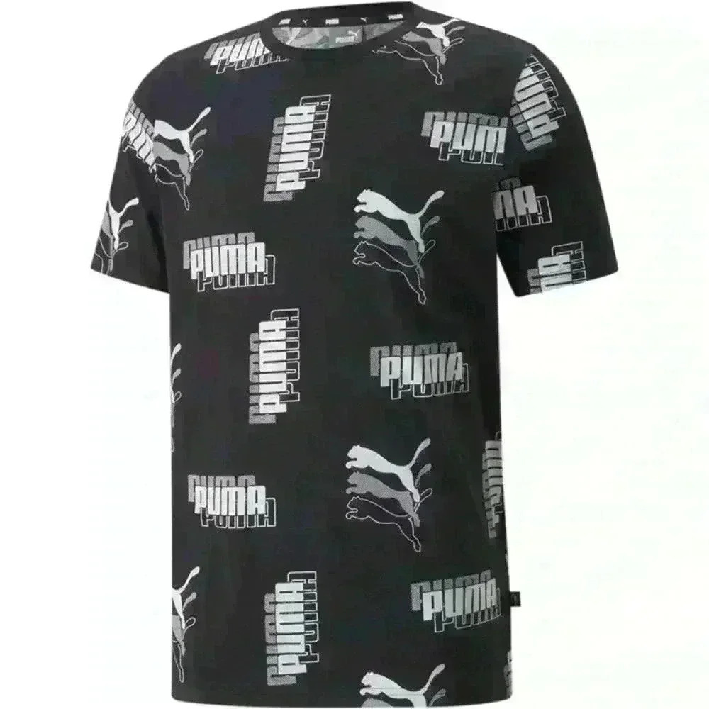 PUMA Power AOP Tee Mens Short Sleeve All Over Logo Print Black White L